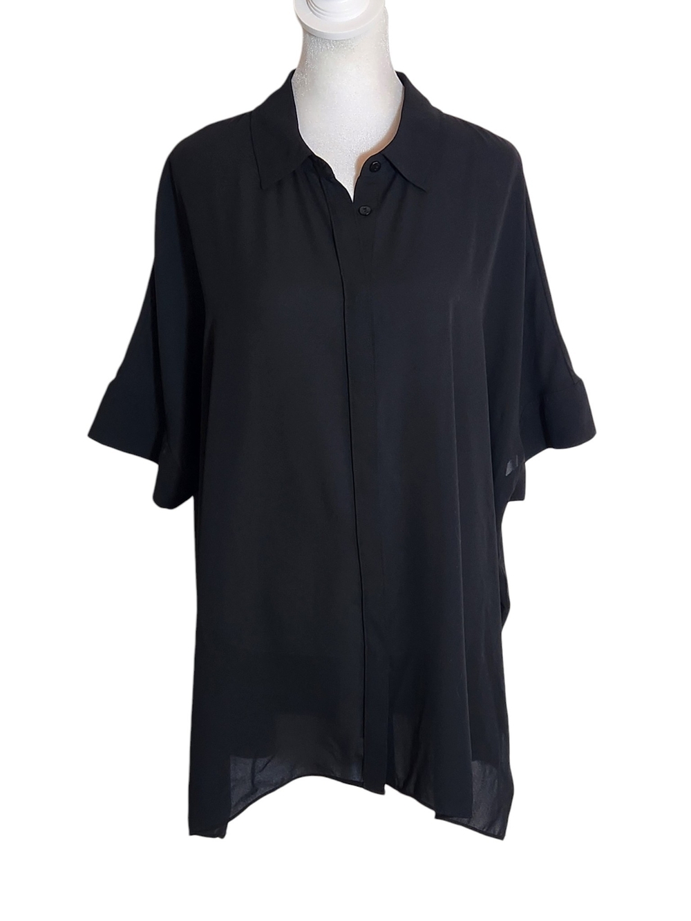 Alfani Black Oversized Short Sleeve Button-Up Tunic Blouse Size Medium